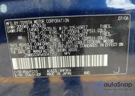 2006 Toyota Rav4 z USA, uszkodzony, nr VIN JTMBD33V565047252